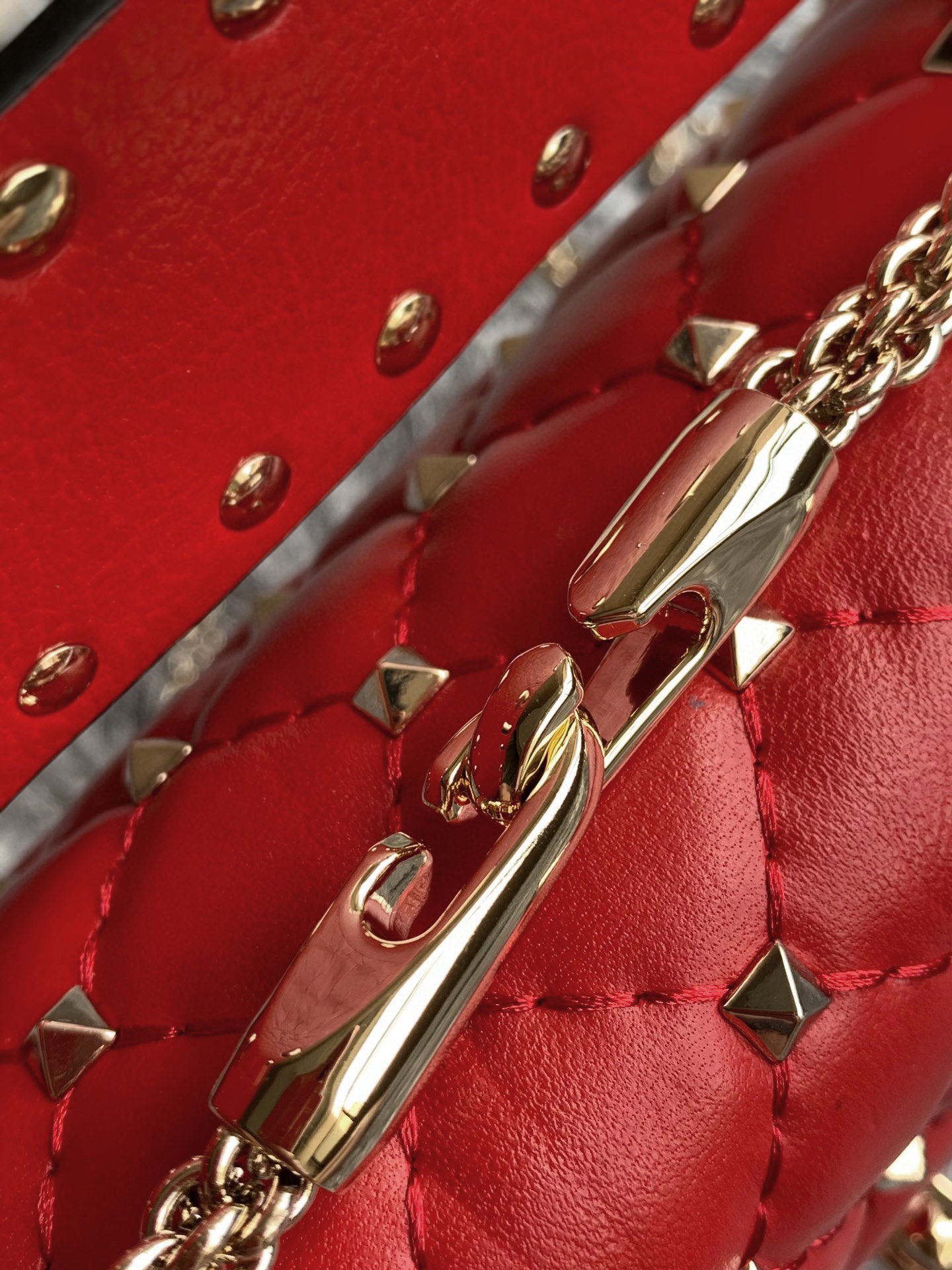 Valentino Garavani Rockstud Spike Medium Chain Bag in Red Supple Lambskin Nappa